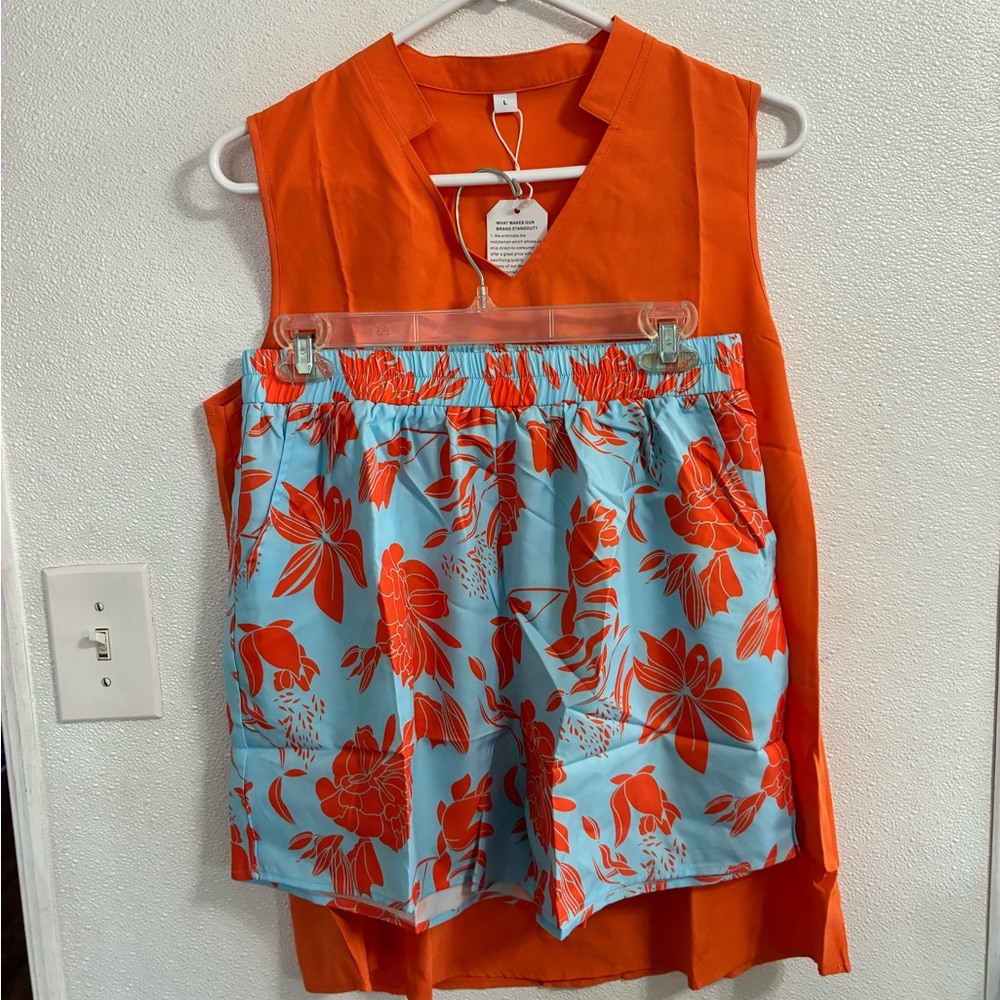 Bright Orange Tank with Blue & Orange Floral Shorts NWT size L